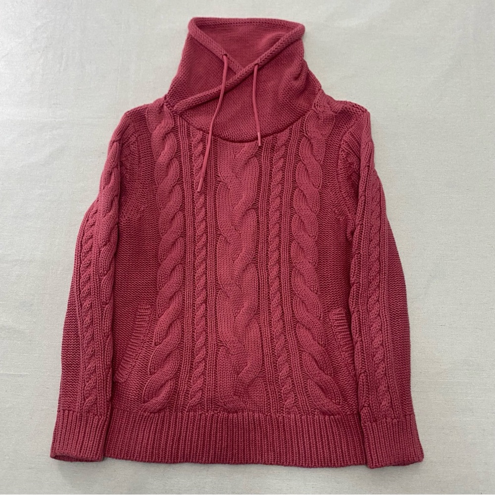 LL Bean Sweater Womens M Pink Double L Mixed Cable Knit Funnelneck Fisherman